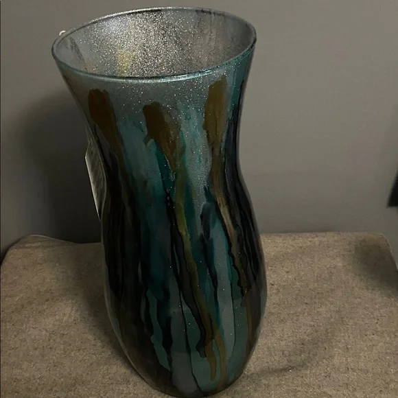 Large Glass Vase Teal Silver Black Quadrifoglio Multicolor Italy NWT - Picture 3 of 3